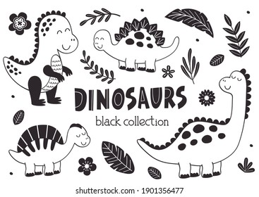 set of isolated black dinosaurs and  plants 