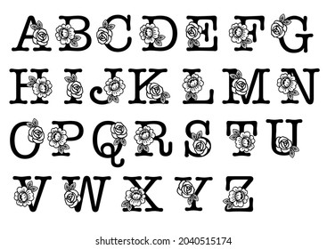 set of isolated black floral letters
