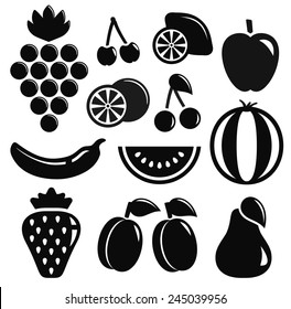 set isolated black fruit objects on white background