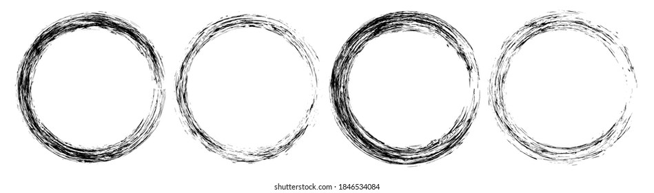 Set of isolated black grunge textured ink brush round frames. Dirty hand drawn inky line circles collection for graphic design, decoration, wreath decor
