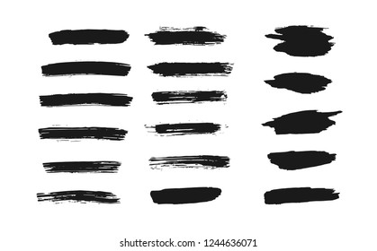 Set of isolated black grunge thick ink brush strokes. Dirty hand drawn inky lines and blobs for graphic design, decoration