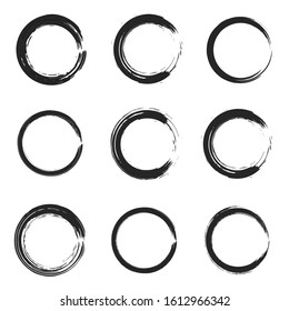 Set of isolated black grunge thick ink brush round frames Dirty hand drawn inky line circles collection for graphic design, decoration