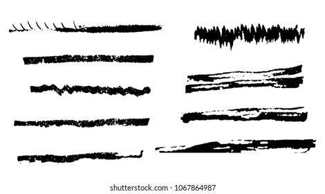 Set of isolated black grunge thin and thick brush strokes. Dirty hand drawn ink lines for graphic design, decoration