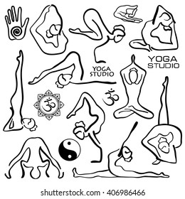 Set of isolated black hand drawn outline yoga poses. Collection of stylized female yoga asanas. 