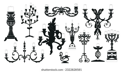 Set von isolierten Schwarzen Symbolen von edlen Kerzenhaltern, mit schlauen Designs und verschiedenen Formen, Vektorgrafik