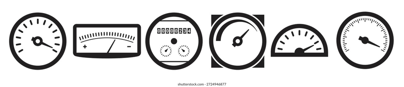 set of isolated black icons on a theme circular meter