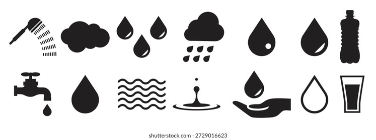 set of isolated black icons on a tehem water