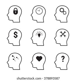 Set of isolated black icons on a theme head brain 