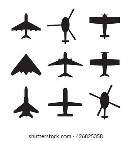 Set of isolated, black icons on a theme Planes and helicopters