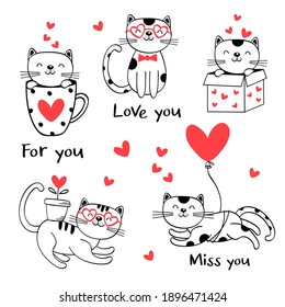 set of isolated black love cats