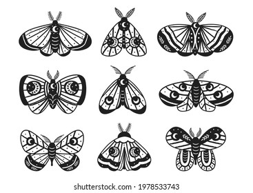 set of isolated black magic moths and butterflies