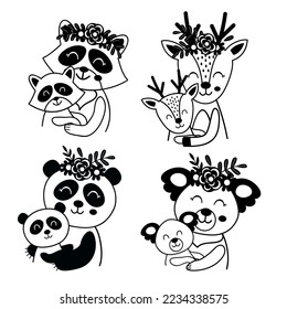 set of isolated black outline mother and baby animals 2