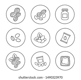 Set of isolated black peanut icons on the white background. Vector object: peanut butter, nutshells, package, toast, kernels. Usable for banners, web design, posters, mobile apps