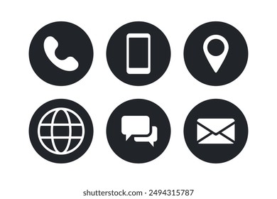 Conjunto de Botones de comunicación aislados del teléfono negro sobre fondo blanco. Iconos vectoriales para dispositivos móviles en estilo plano