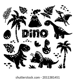 Set of isolated black silhouette dinosaurs, volcano, egg and plants. Collection of dinosaurs on white background
