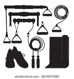 Set of isolated black silhouettes depicting variety of modern gym gear including resistance bands with handles skipping jump rope fitness yoga mat and pair of running trainers for indoor exercise routines representing essential workout equipment for health and wellness activity design kits.