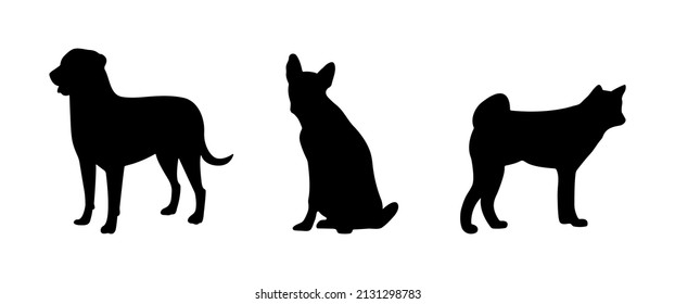 Conjunto de siluetas negras aisladas de perros. Ilustración vectorial.