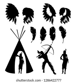 Set of isolated black silhouettes of indians on white background