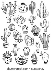 Set of isolated black sketch cactus and succulent icons. Houseplant and wild cactus collection.