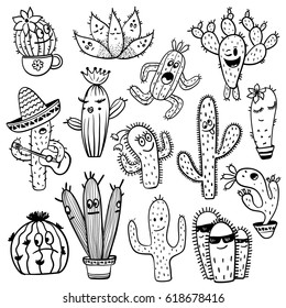 Set of isolated black sketch funny cactus and succulent characters. Houseplant and wild cool cartoon cactus collection.