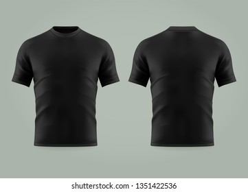 Set of isolated black t-shirt or 3d cloth with short sleeve and u neck. Realistic empty cotton t shirt. Man and woman, male and female blank or empty uniform. Men and women wearing mockup