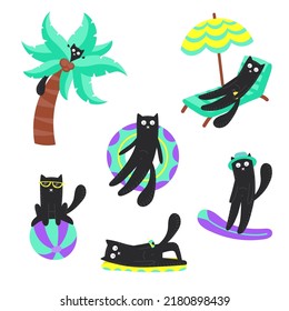 Set isolated black vector cat. Disgruntled flat cat in the sea. Cartoon frowning cat with palm trees and a lifeline for print, background, children's development.