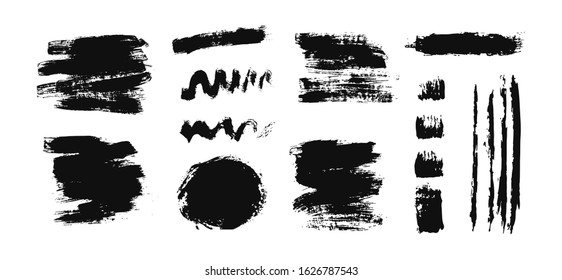 Set of isolated black vector ink. Paint splash brush shape collection. Grunge stain for banner, background, card. Vector Illustration