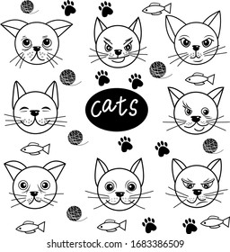 Set of isolated black and white cats. On the faces depicted different emotions. Complete with fish, balls of thread and traces of kittens. Vector illustration on a white background