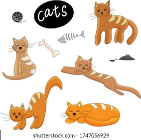 Conjunto de gatos blancos y negros aislados en diferentes poses. Mascotas favoritas. Dibujo a mano alzada, arte de línea. Ilustración vectorial en fondo blanco