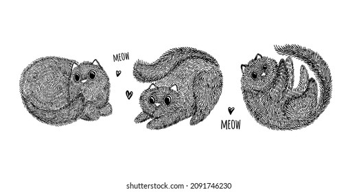 Set of isolated black and white cats in different poses. Favorite pets. Freehand drawing, line art. Vector illustration on a white background