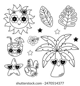 Set von isolierten schwarzen und weißen niedlichen Palmen, Sonne, Seestern, Blume