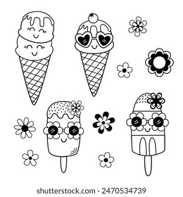 set of isolated black and white cute ice cream and flowers