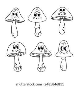 set of isolated black and white cute cartoon mushrooms