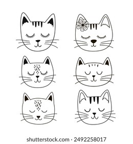 set of isolated black and white cute cat heads