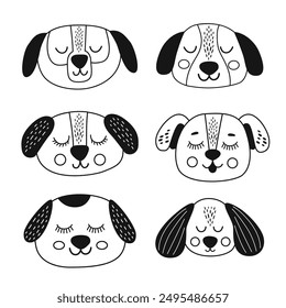 set of isolated black and white cute dog heads