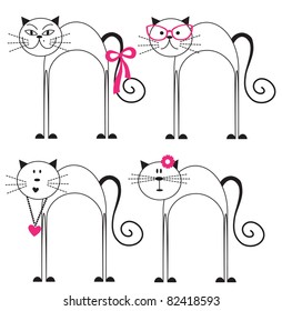 Set of isolated black and white cute cats