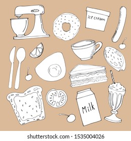Set of isolated black and white elements, the concept of food. Sandwich, bread, milk, mug, sausage, donut, mixer, milkshake, hand drawn.