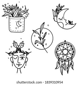 Set of isolated black and white elements. A vector image for stickers, logos, illustrations, and flyers. Boho style. Various mystical and esoteric elements