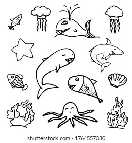 Set of isolated black and white fish, coral and jellyfish. Isolated objects on white background. Inhabitants of the underwater world for game, app, banner, swimming pool, print, kids and stickers.