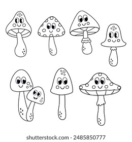 set of isolated black and white funny mushrooms