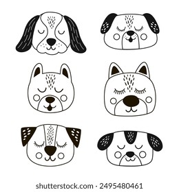 conjunto de cabezas de perro divertidas blancas y negras aisladas
