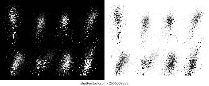 Set of isolated black and white horror abstract brush stroke grunge texture blood splatter background design