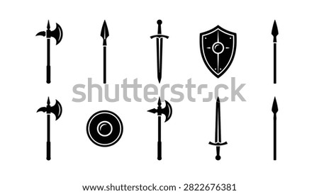Set of isolated black and white icons representing medieval weaponry. Collection includes various axes, spears, swords, and circular and kite-shaped shields, suitable for historical and fantasy design projects. Simple graphic elements depict different armaments from ancient times.