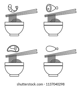 Set of isolated black and white outline icons. Ramen noodles with beef, chicken, pork and shrimps. For japanese restorant menu. Asian wok food in bowl