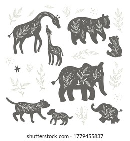 Set of isolated black and white silhouettes of wild animals and their cubs. Cliparts for baby room, greeting cards, kids and baby t-shirts and wear, hand drawn nursery illustration