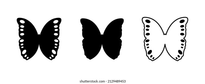 Set of isolated black and white silhouettes of butterflies. Butterfly icons. Vector illustration.