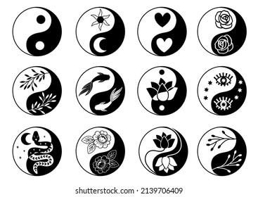 set of isolated black and white yin yang symbol on a white background