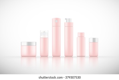 set of isolated blank cosmetic bottle with Airless Pump cap ,pump top in Rose Quartz color on white background (vector)