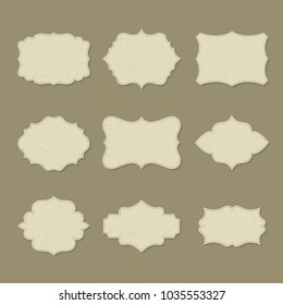 Set of isolated blank labels or vintage logo, retro advertising signs or old empty or clear insignia for product placement, grunge antique or victorian badge. Ads and guarantee,certificate and message