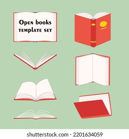 Set of isolated blank open book with red hardcover and golden decorative elements. Vector mock up icons in various positions in a flat style. Study and knowledge, library and education, science and